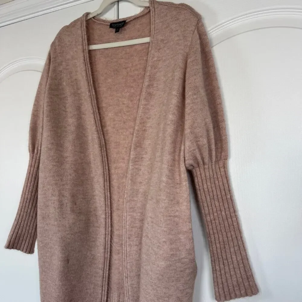 Blush Pink Longline Open Front Cardigan Ribbed Knit Size 10